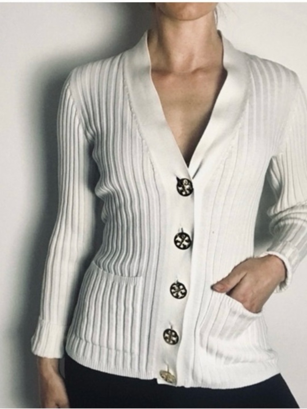 Tory Burch Cream Ribbed Button-Front Cardigan with Gold Buttons